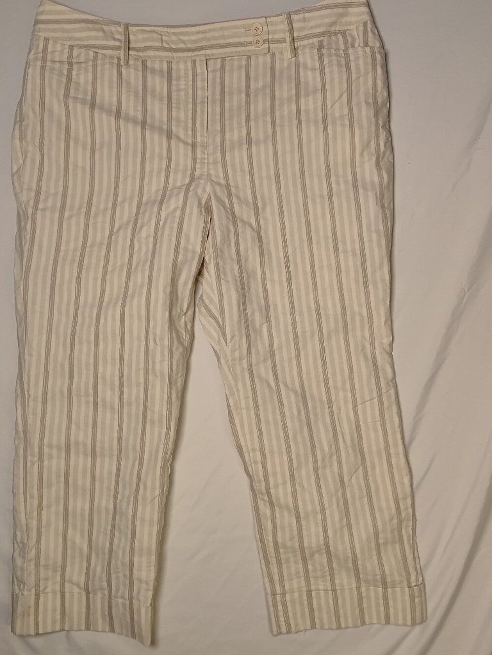 Nygard Safari Pants Tan Striped, Size 14 Cotton Linen Blend Cuffed Crop
